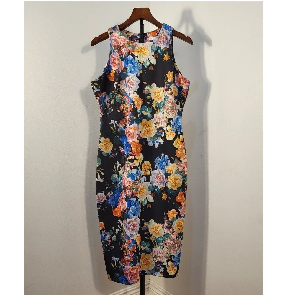 New York & Company Floral Sheath Dress Womens L Black Pink Yellow Stretch Knee